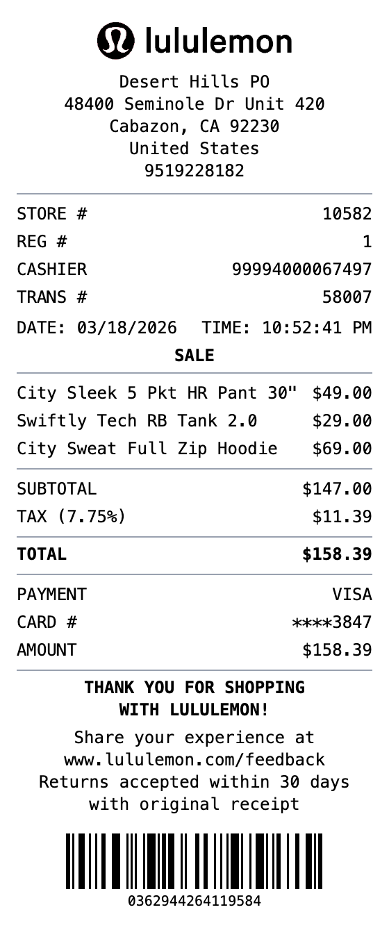 Lululemon Receipt example showing lululemon format with itemized list, totals, and payment details