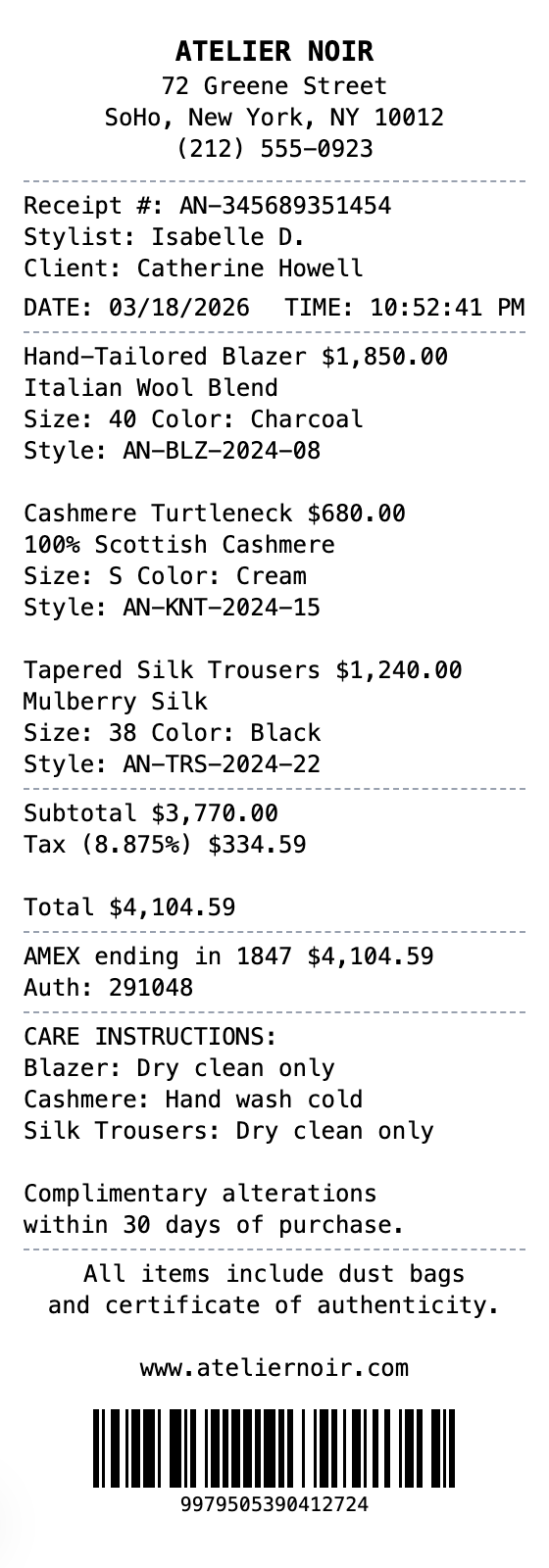 Luxury Boutique Receipt example showing luxury-boutique format with itemized list, totals, and payment details