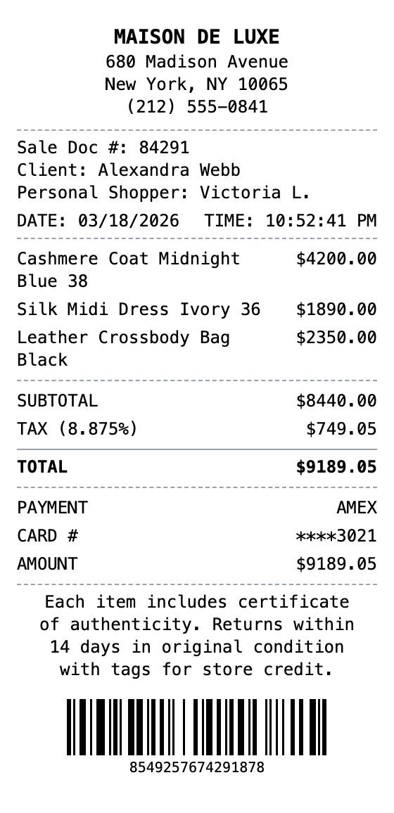 Luxury Fashion Receipt example showing luxury-fashion format with itemized list, totals, and payment details