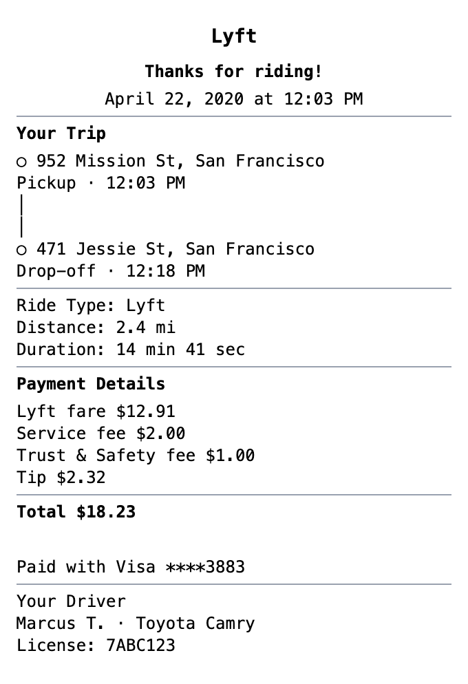 Lyft Receipt example showing lyft format with itemized list, totals, and payment details