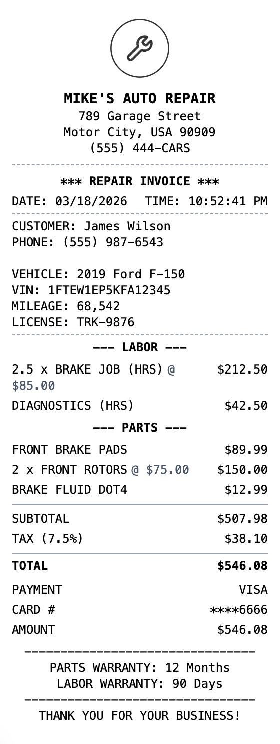 Mechanic Receipt example showing mechanic format with itemized list, totals, and payment details