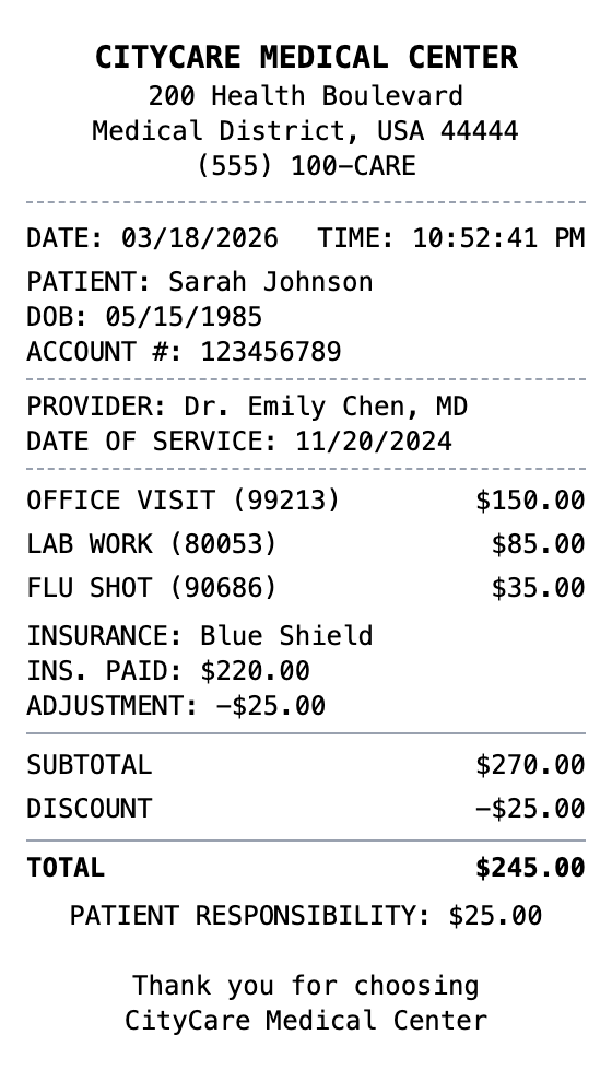 Medical Receipt example showing medical format with itemized list, totals, and payment details