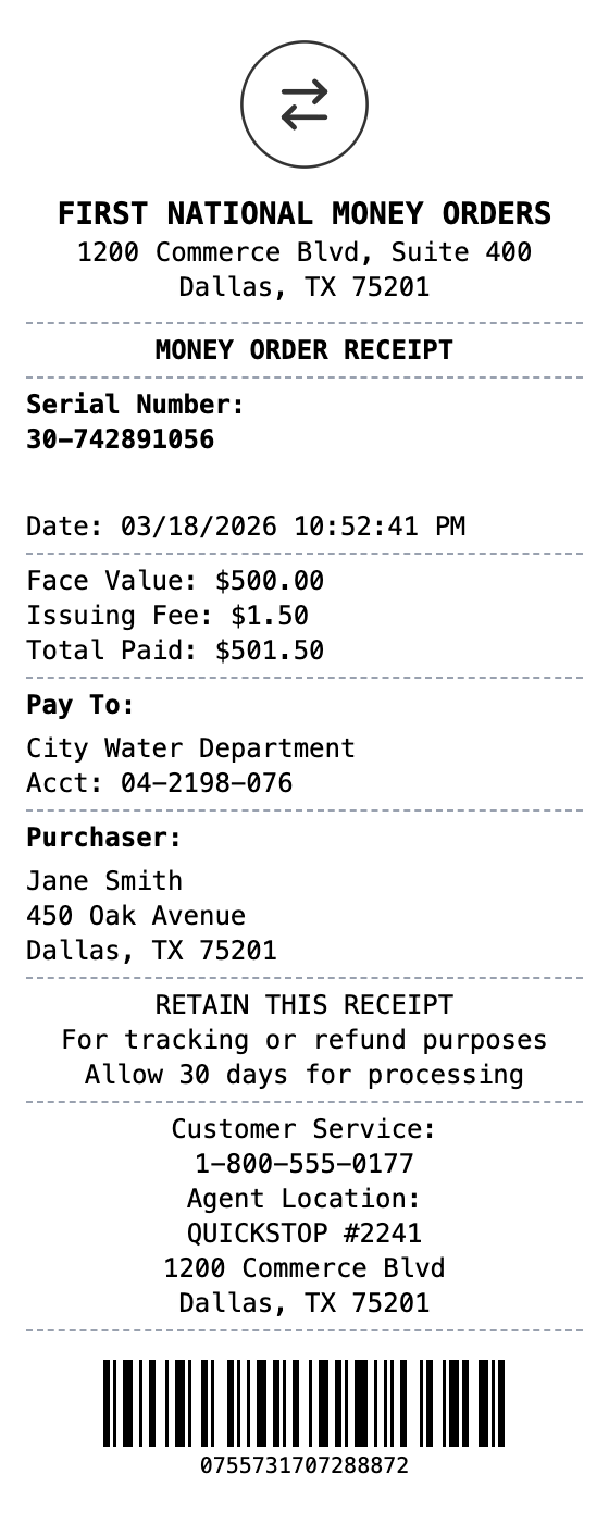 Money Order Receipt example showing money-order format with itemized list, totals, and payment details