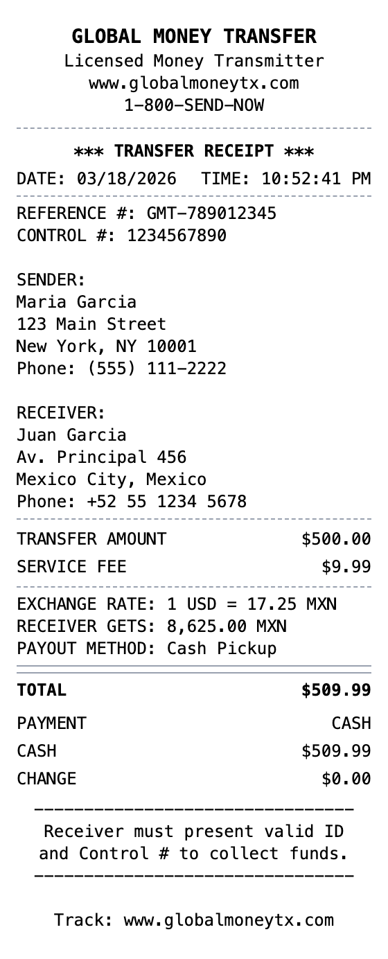 Money Transfer Receipt example showing money-transfer format with itemized list, totals, and payment details
