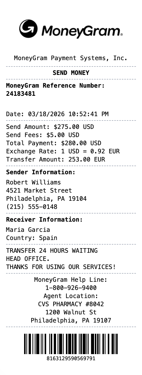 MoneyGram Receipt example showing moneygram format with itemized list, totals, and payment details