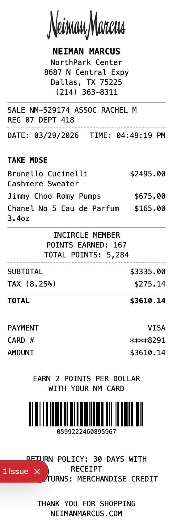 Neiman Marcus Receipt example showing neiman-marcus format with itemized list, totals, and payment details