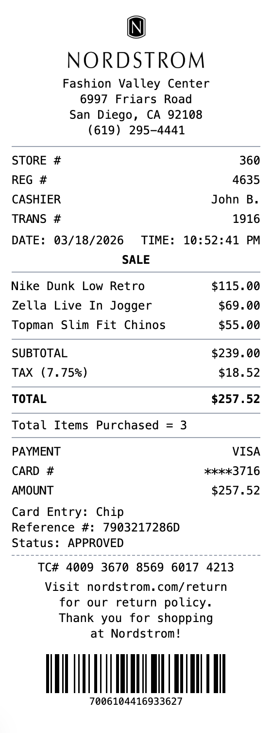 Nordstrom Receipt example showing nordstrom format with itemized list, totals, and payment details