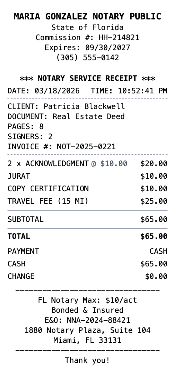 Notary Receipt example showing notary format with itemized list, totals, and payment details