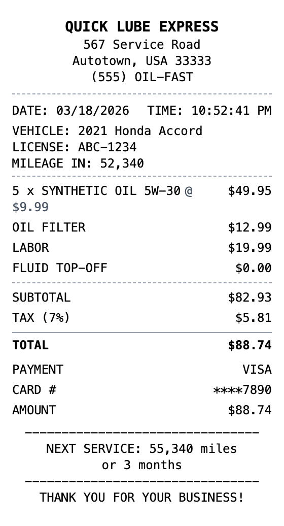 Oil Change Receipt example showing oil-change format with itemized list, totals, and payment details