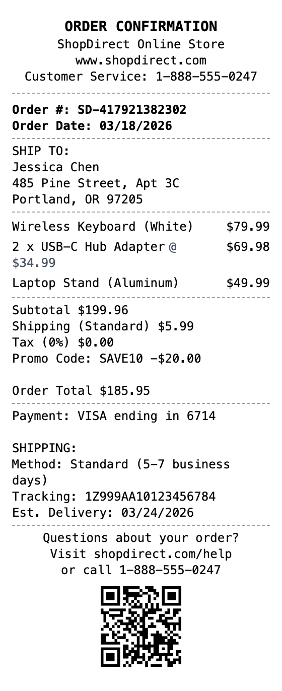 Online Order Receipt example showing online-order format with itemized list, totals, and payment details