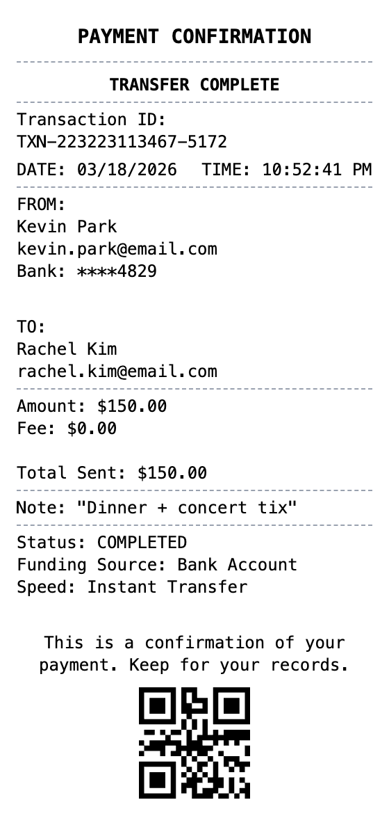 P2P Payment Receipt example showing p2p-payment format with itemized list, totals, and payment details
