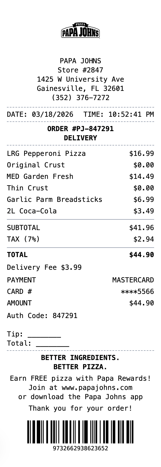 Papa Johns Receipt example showing papajohns format with itemized list, totals, and payment details