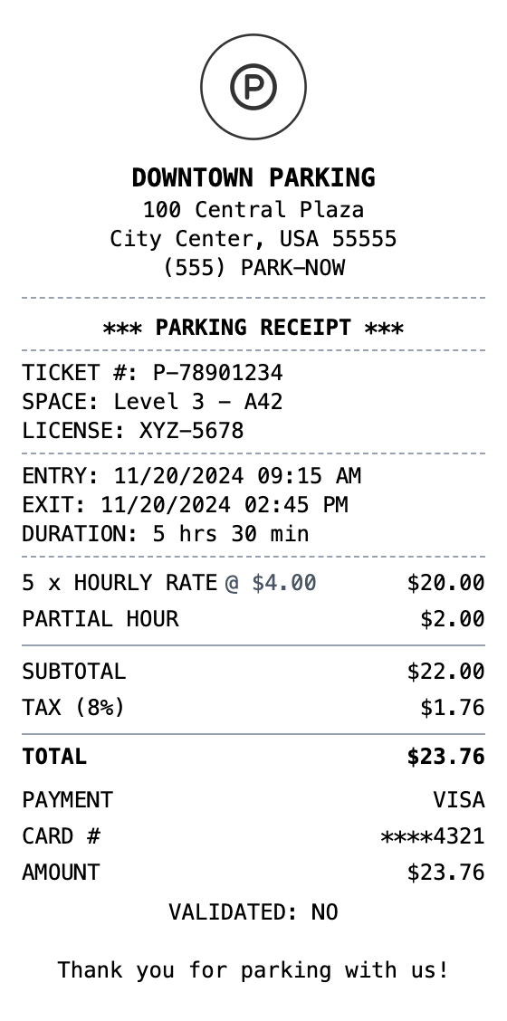 Parking Receipt example showing parking format with itemized list, totals, and payment details