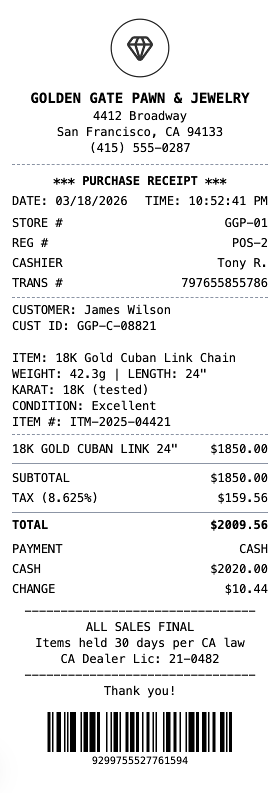 Pawn Shop Receipt example showing pawn-shop format with itemized list, totals, and payment details