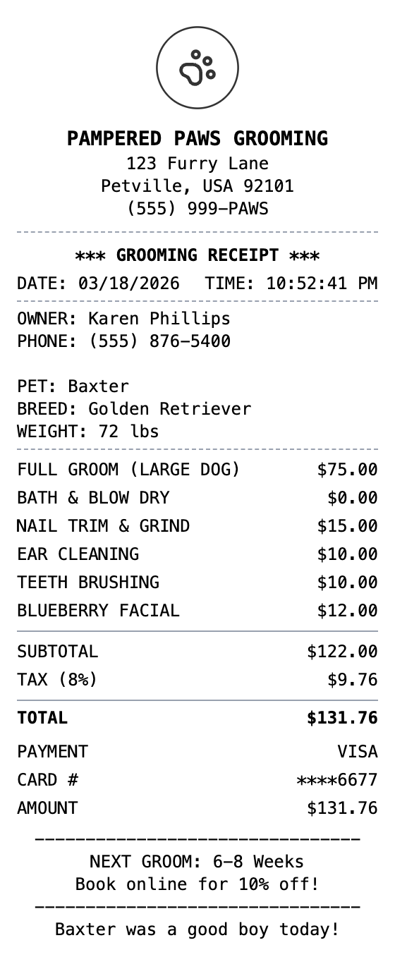 Pet Grooming Receipt example showing pet-grooming format with itemized list, totals, and payment details