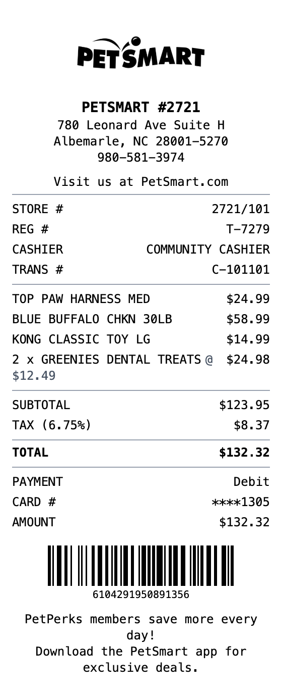 PetSmart Receipt example showing pet-store format with itemized list, totals, and payment details