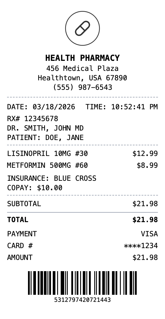 Pharmacy Receipt example showing pharmacy format with itemized list, totals, and payment details