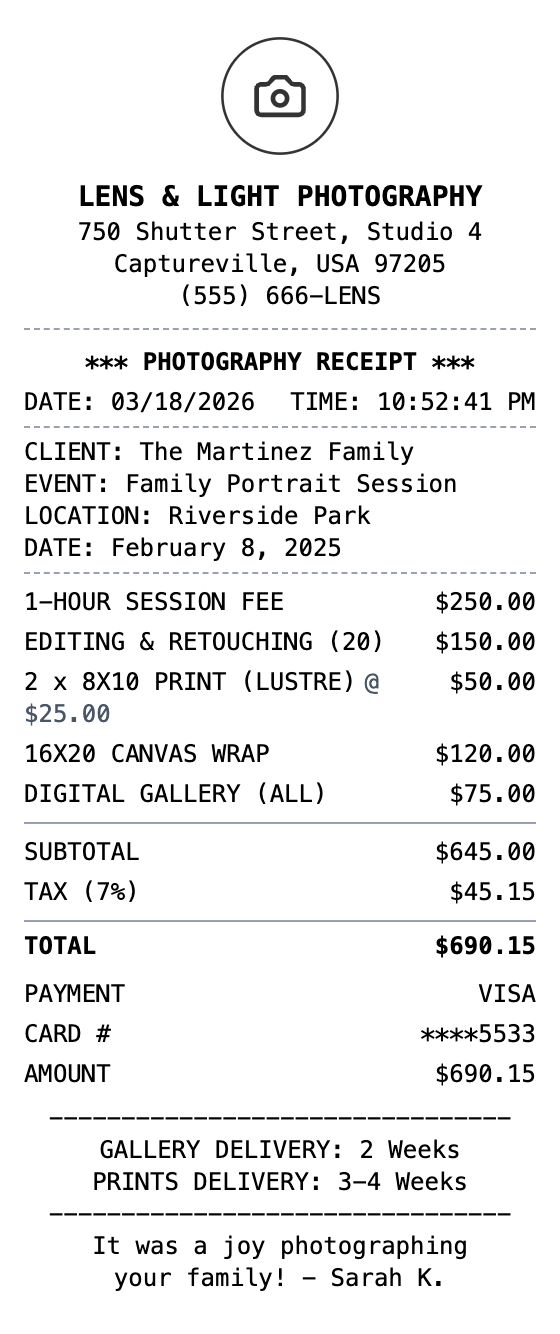 Photography Receipt example showing photography format with itemized list, totals, and payment details