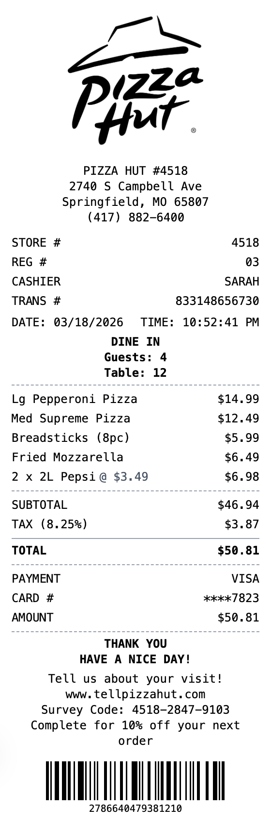 Pizza Hut Receipt example showing pizzahut format with itemized list, totals, and payment details