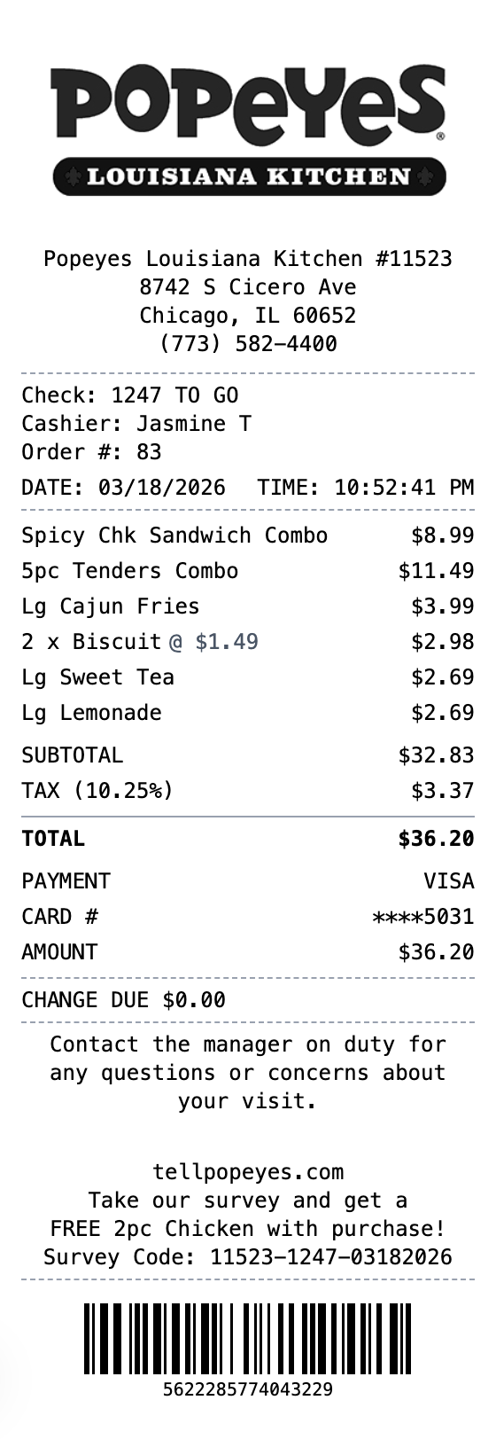Popeyes Receipt example showing popeyes format with itemized list, totals, and payment details