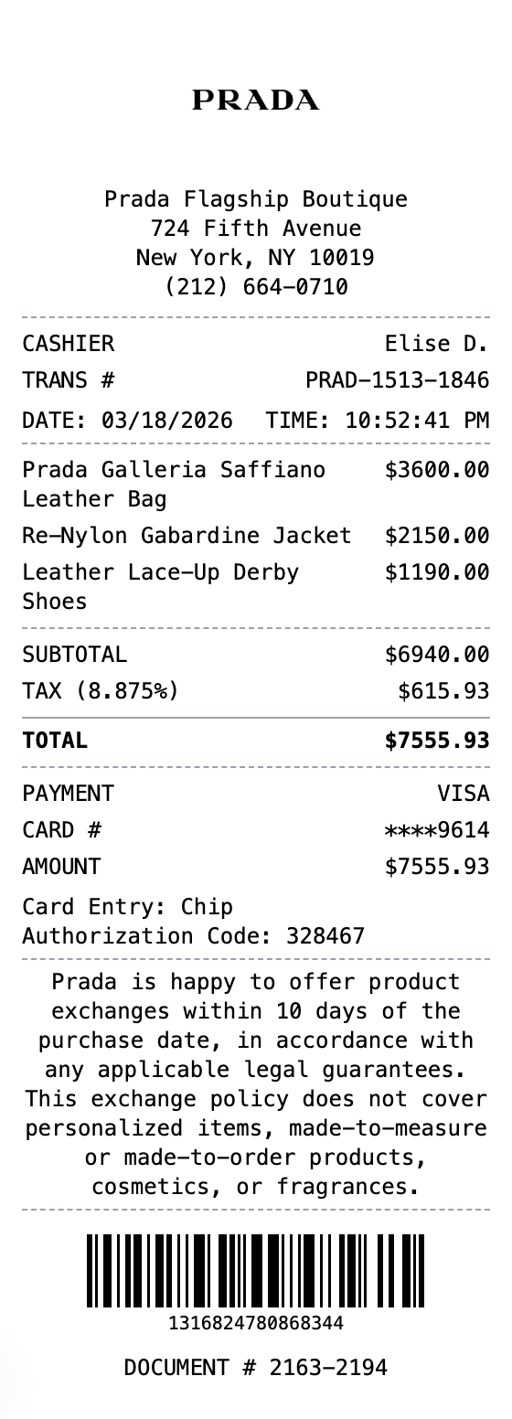 Prada Receipt example showing prada format with itemized list, totals, and payment details