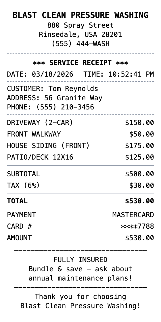 Pressure Washing Receipt example showing pressure-washing format with itemized list, totals, and payment details