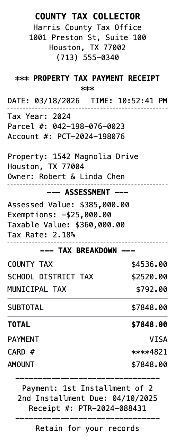 Property Tax Receipt example showing property-tax format with itemized list, totals, and payment details