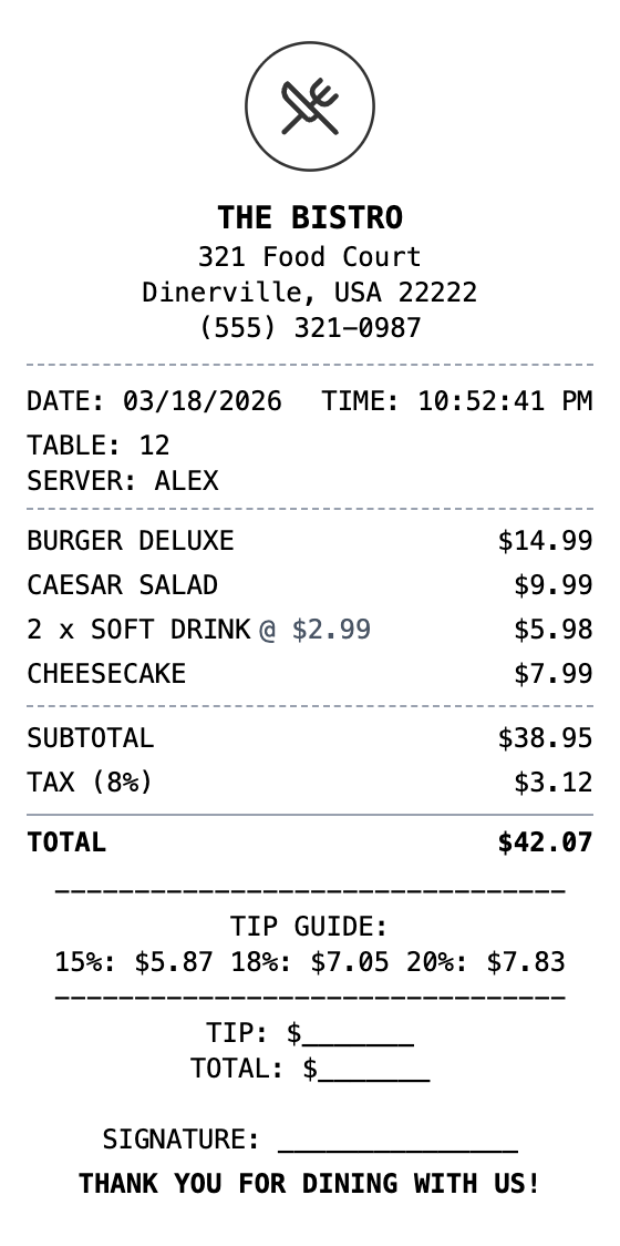 Restaurant Receipt example showing restaurant format with itemized list, totals, and payment details