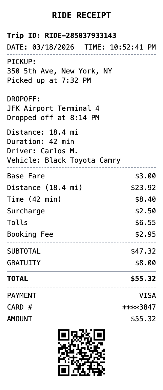 Rideshare Receipt example showing rideshare format with itemized list, totals, and payment details