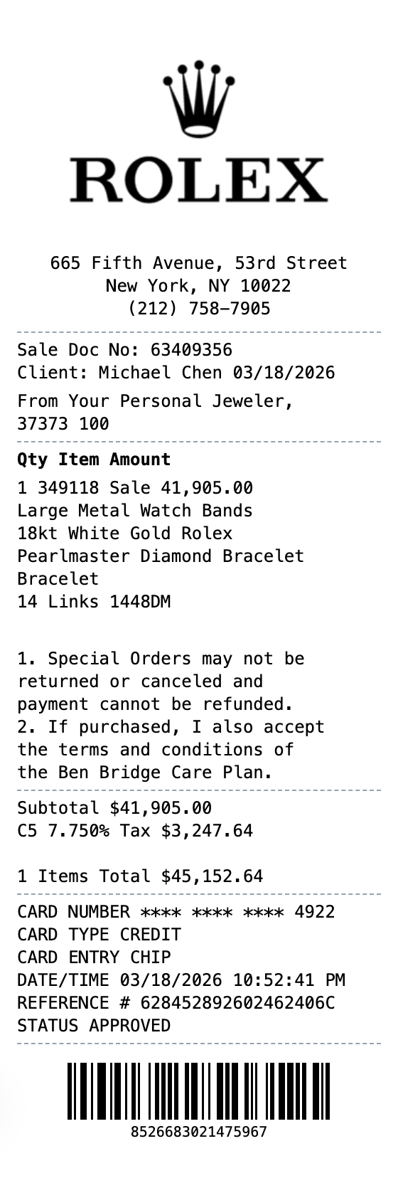Rolex Receipt example showing rolex format with itemized list, totals, and payment details