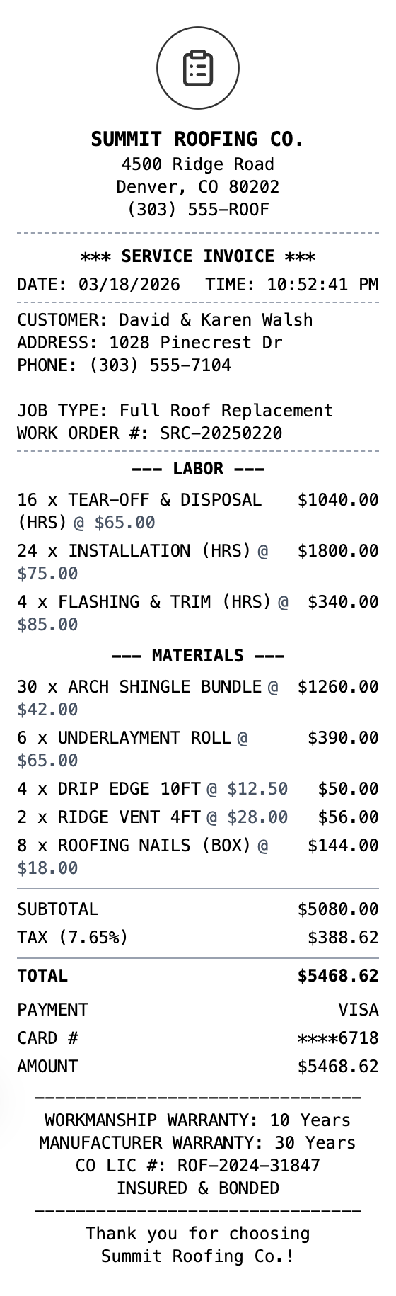 Roofing Receipt example showing roofing format with itemized list, totals, and payment details