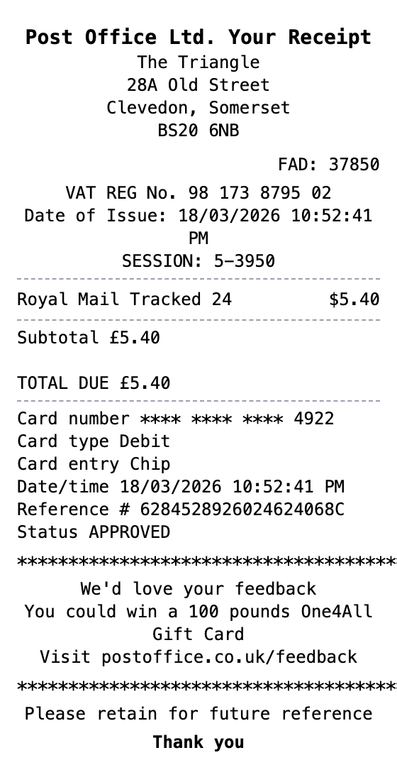 Royal Mail Post Office Receipt example showing postal format with itemized list, totals, and payment details