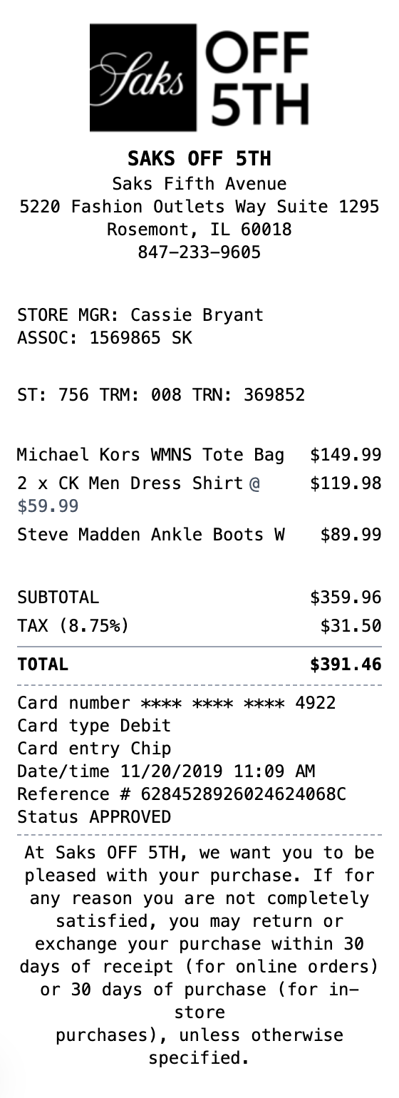 Saks OFF 5TH Receipt example showing saks format with itemized list, totals, and payment details