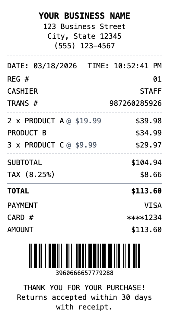 Sales Receipt example showing sales format with itemized list, totals, and payment details