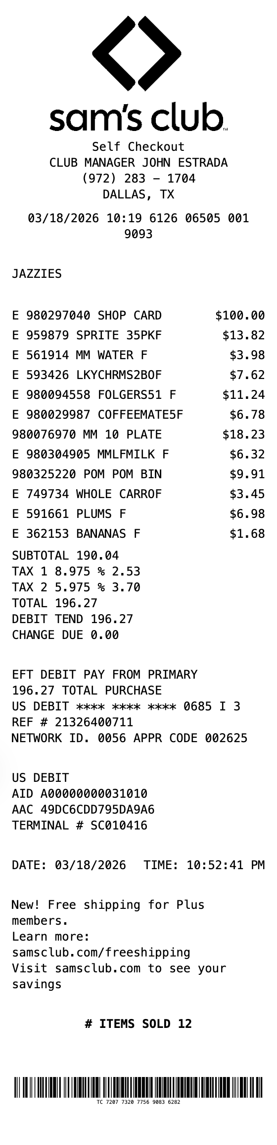 Sam's Club Receipt example showing sams-club format with itemized list, totals, and payment details