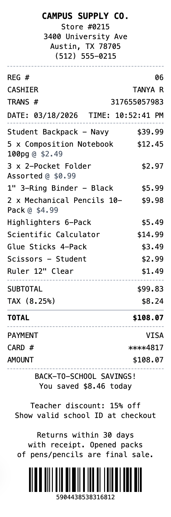 School Supplies Receipt example showing school-supplies format with itemized list, totals, and payment details