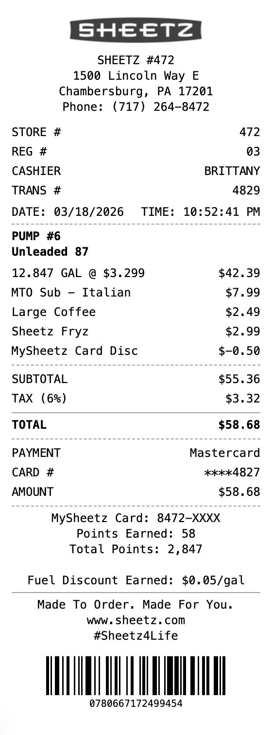 Sheetz Receipt example showing sheetz format with itemized list, totals, and payment details