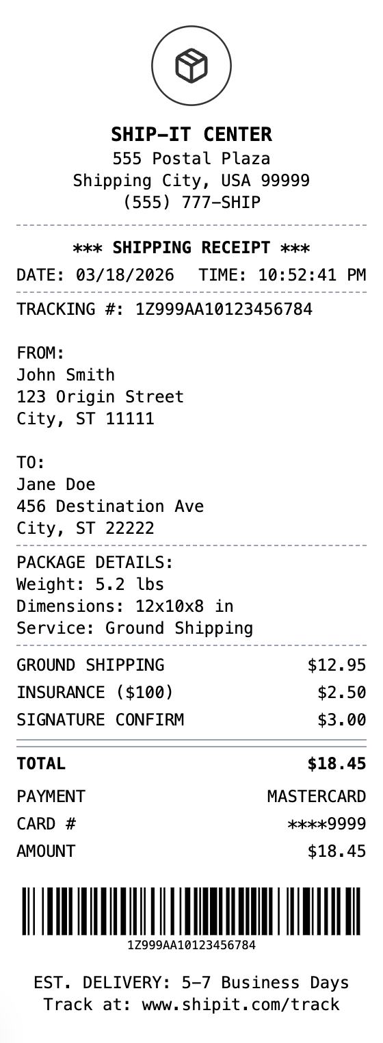 Shipping Receipt example showing shipping format with itemized list, totals, and payment details