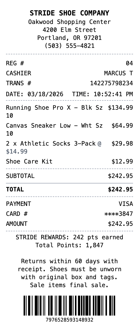 Shoes Receipt example showing shoes format with itemized list, totals, and payment details