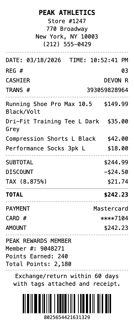 Sportswear Store Receipt example showing sportswear format with itemized list, totals, and payment details