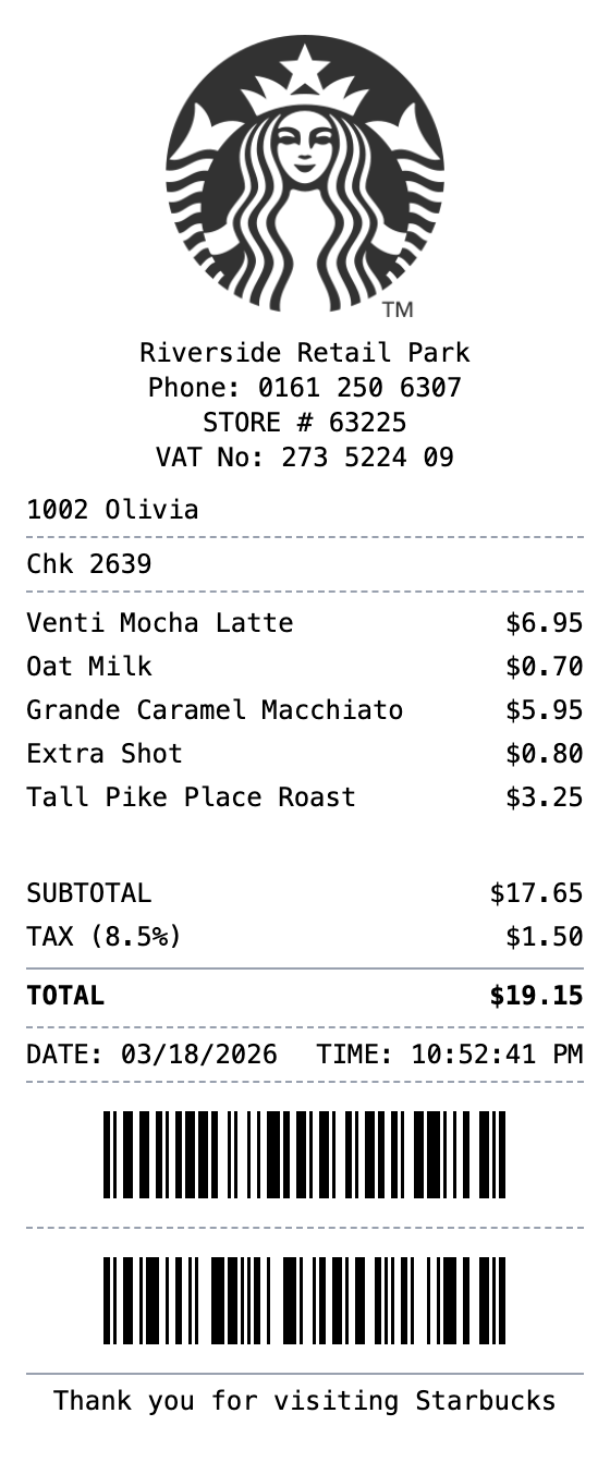 Starbucks Receipt example showing starbucks format with itemized list, totals, and payment details
