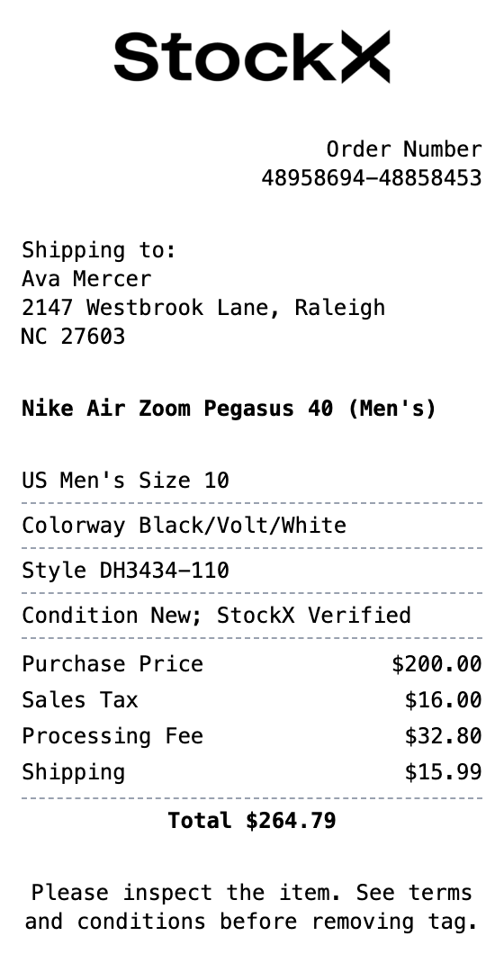 StockX Receipt example showing stockx format with itemized list, totals, and payment details