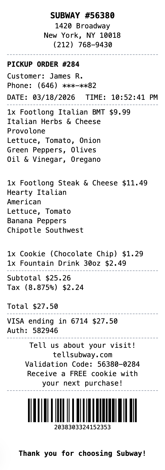 Subway Receipt example showing subway format with itemized list, totals, and payment details