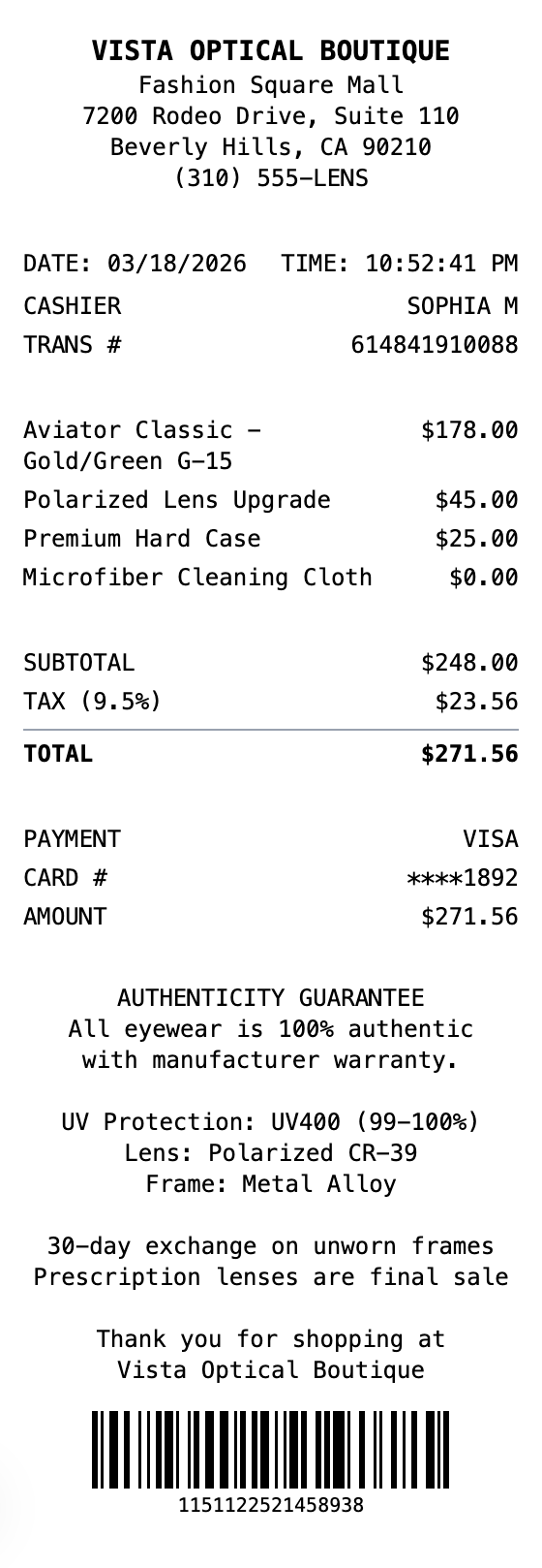 Sunglasses Receipt example showing sunglasses format with itemized list, totals, and payment details