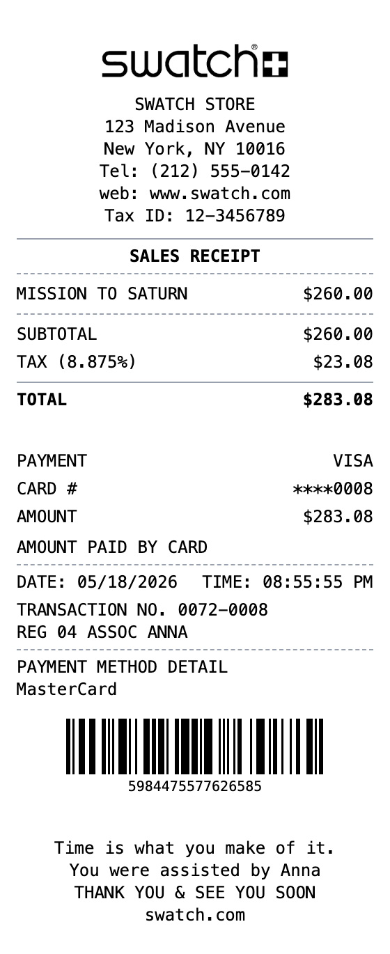 Swatch Receipt example showing swatch format with itemized list, totals, and payment details