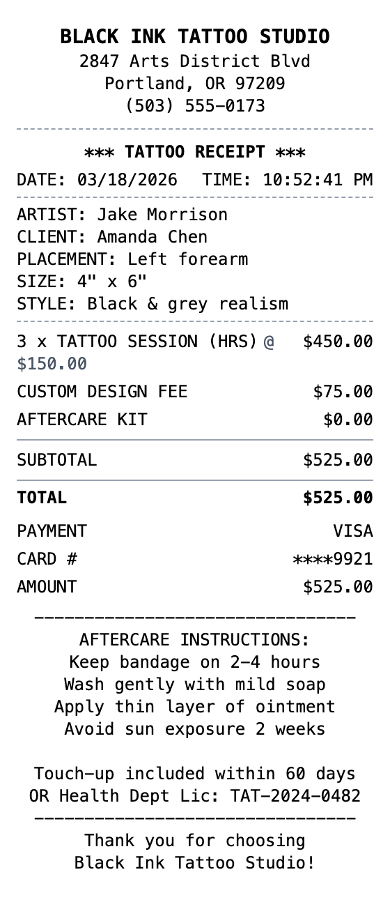 Tattoo Receipt example showing tattoo format with itemized list, totals, and payment details