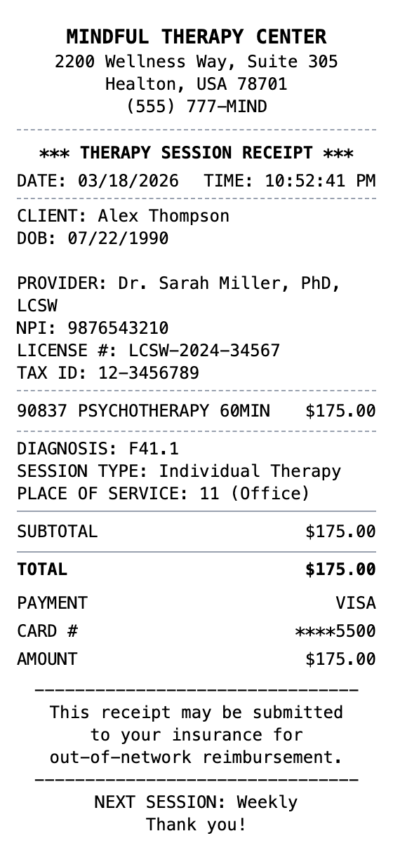 Therapist Receipt example showing therapist format with itemized list, totals, and payment details