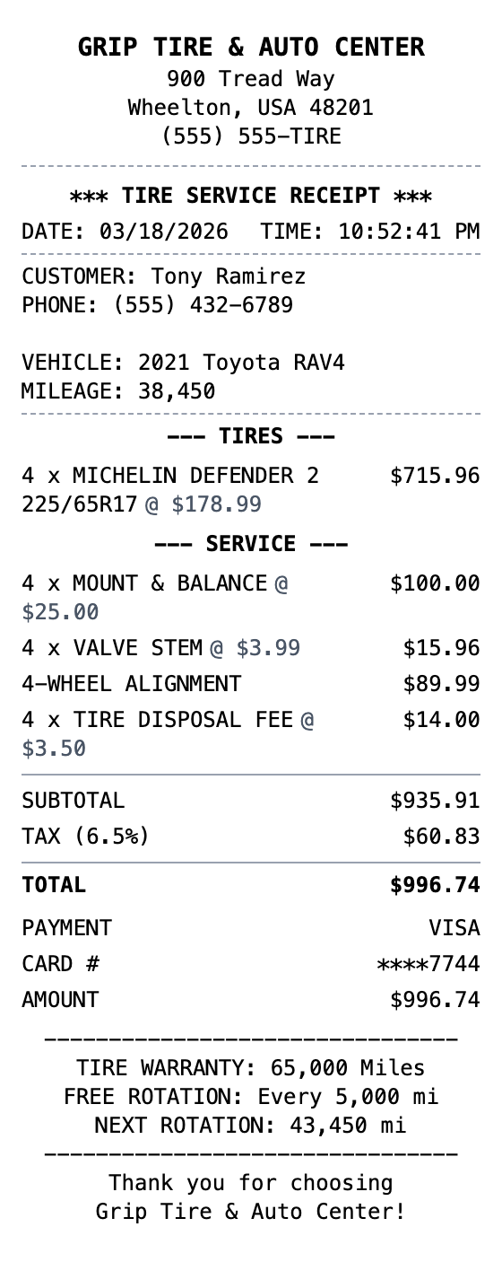 Tire Shop Receipt example showing tire-shop format with itemized list, totals, and payment details
