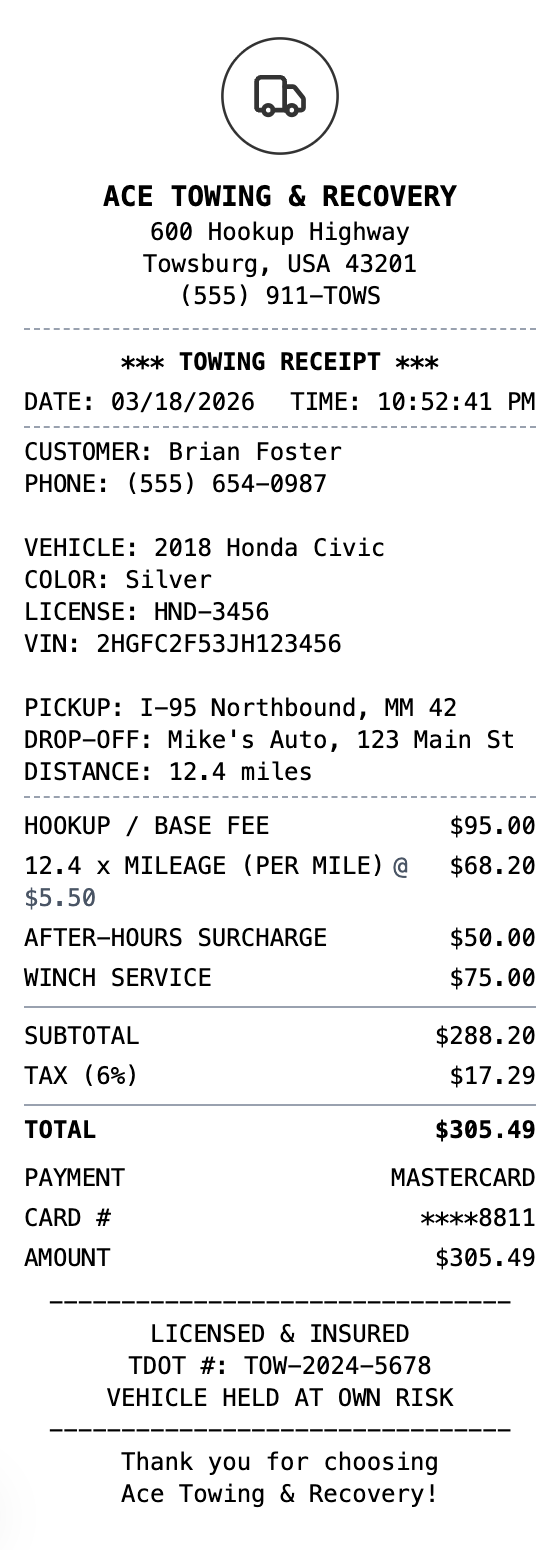 Tow Truck Receipt example showing tow-truck format with itemized list, totals, and payment details