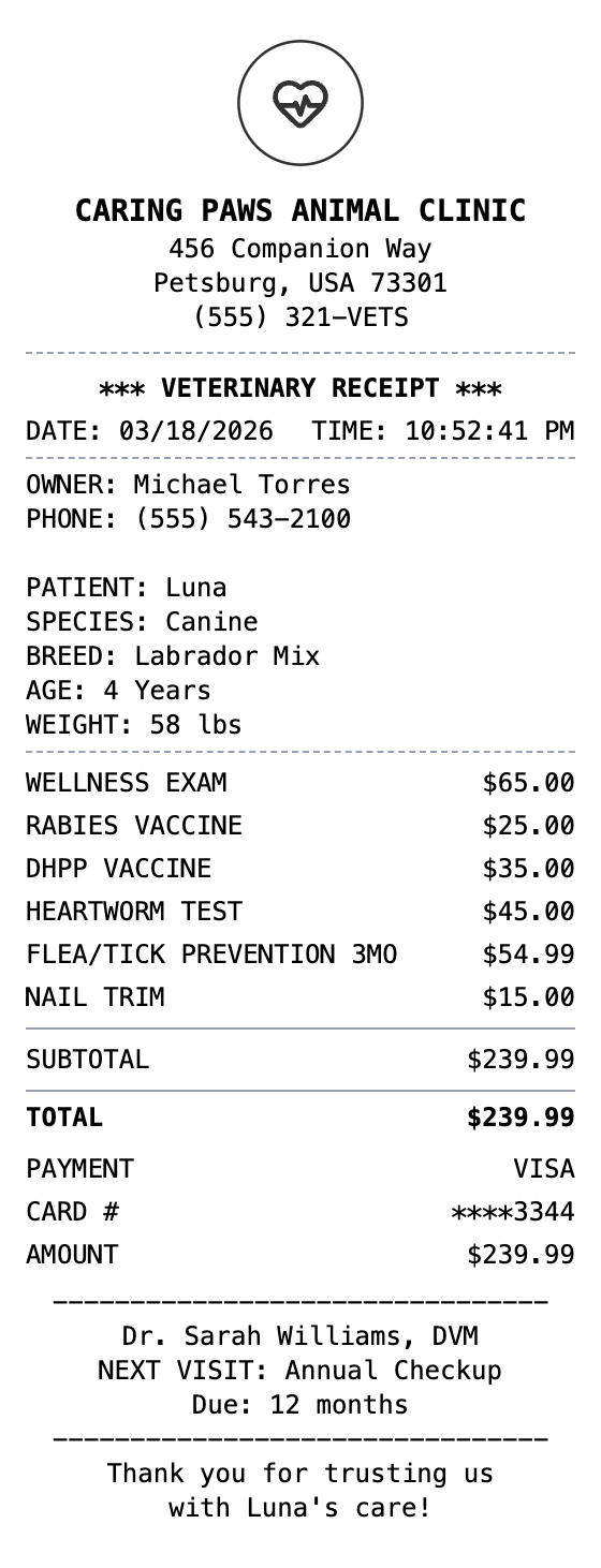 Veterinary Receipt example showing veterinary format with itemized list, totals, and payment details